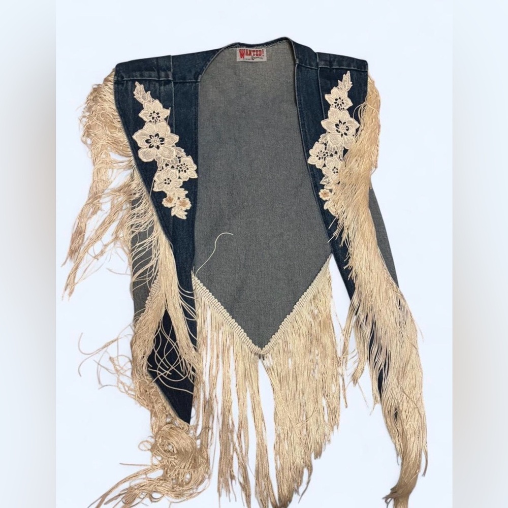 VTG Wanted by Beads 3-Pc Denim Set - Large - Fringe & Lace - Western Boho - Picture 5 of 8